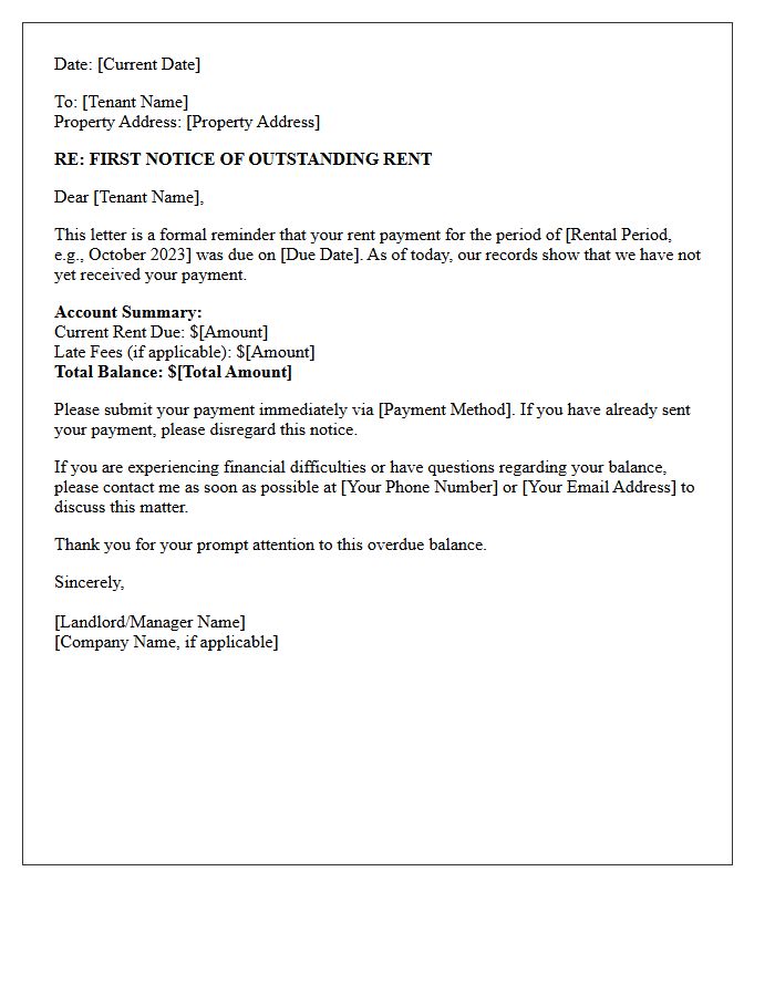 First Notice Letter for Outstanding Rent Payment