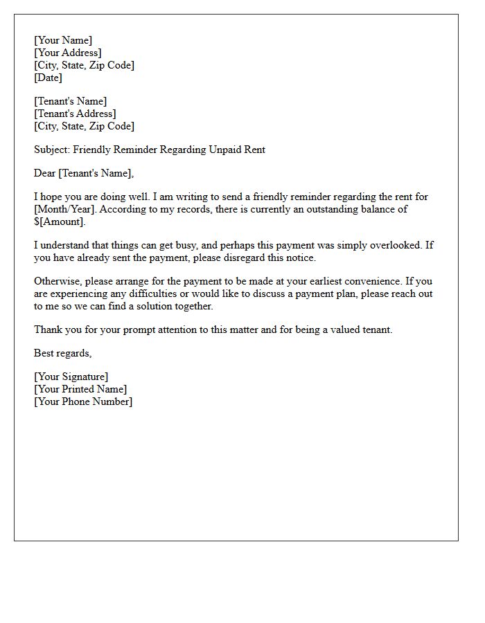 Friendly Follow-Up Letter for Unpaid Rent Balance