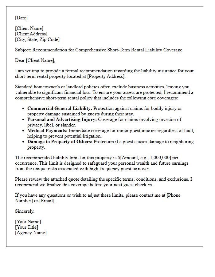 Comprehensive Short-Term Rental Liability Coverage Recommendation Letter