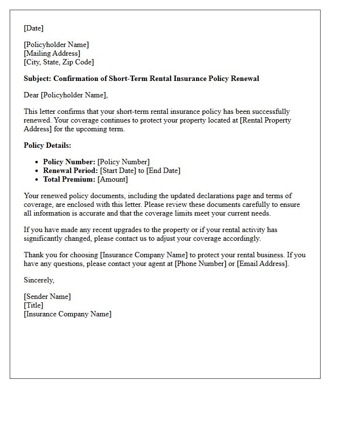 Confirmation Of Short-Term Rental Policy Renewal Letter