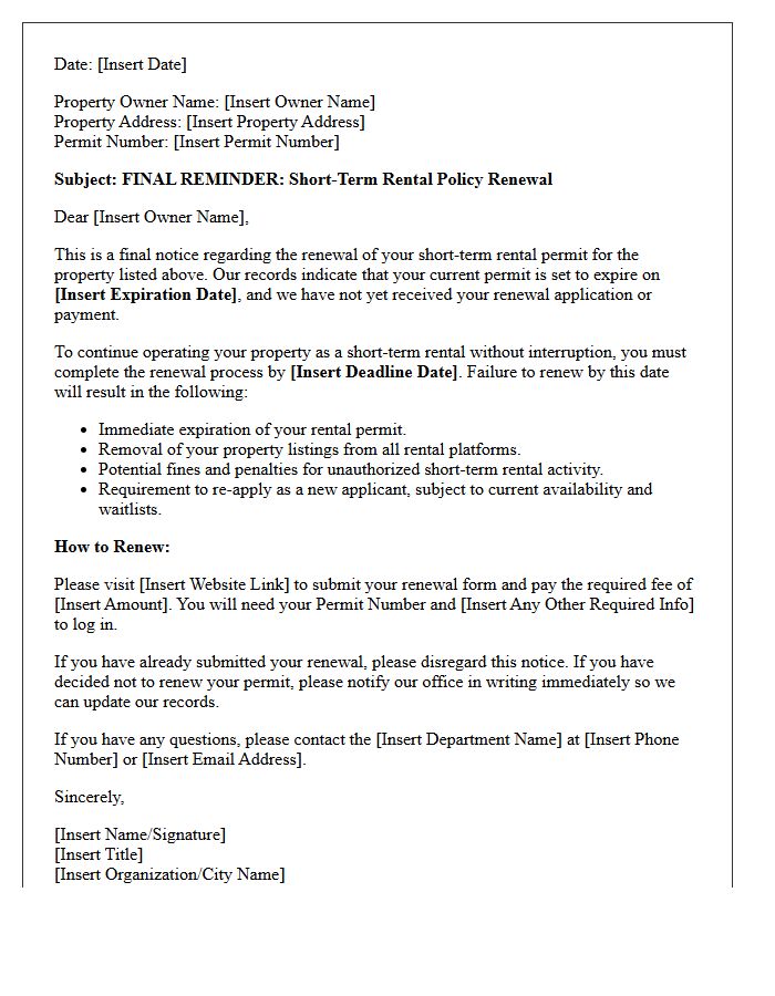 Final Reminder For Short-Term Rental Policy Renewal Letter