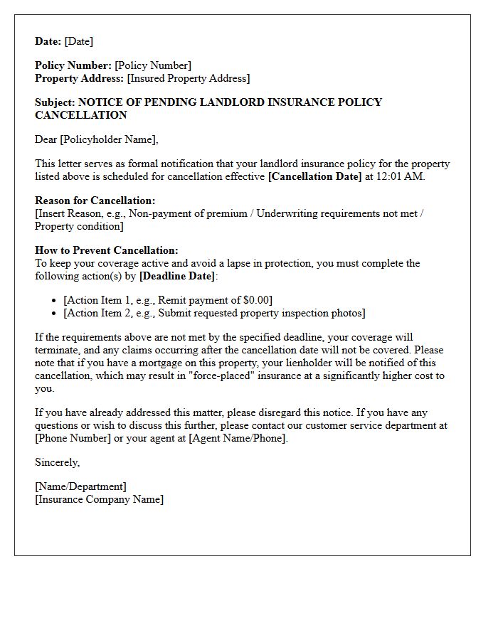 Notice Of Pending Landlord Policy Cancellation Letter
