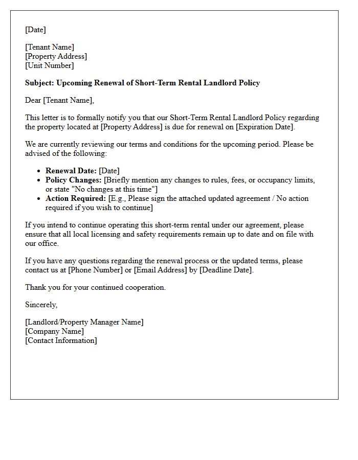 Upcoming Short-Term Rental Landlord Policy Renewal Notice Letter