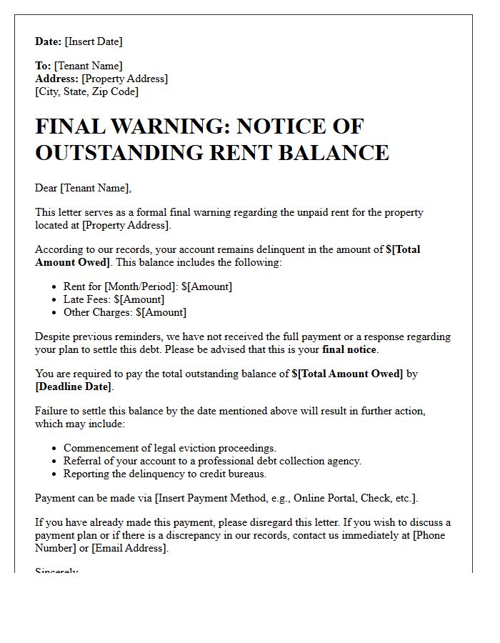Outstanding Rent Balance Final Warning Letter