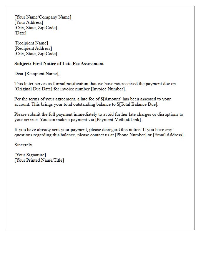 First Notice of Late Fee Assessment Letter