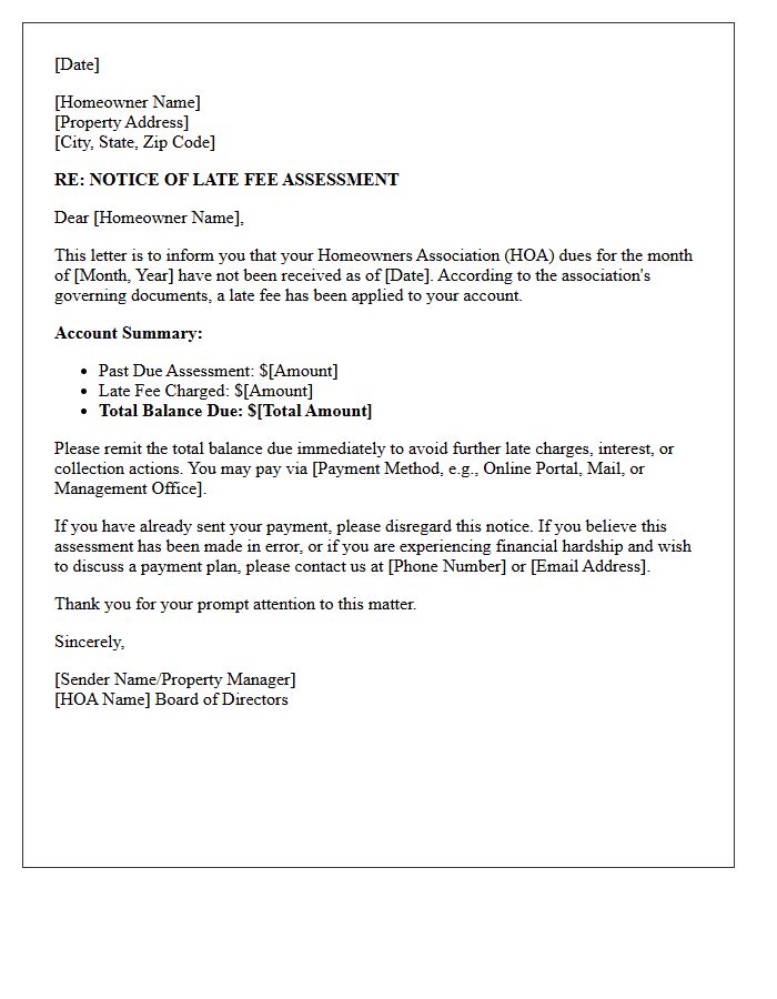 Monthly HOA Dues Late Fee Assessment Letter