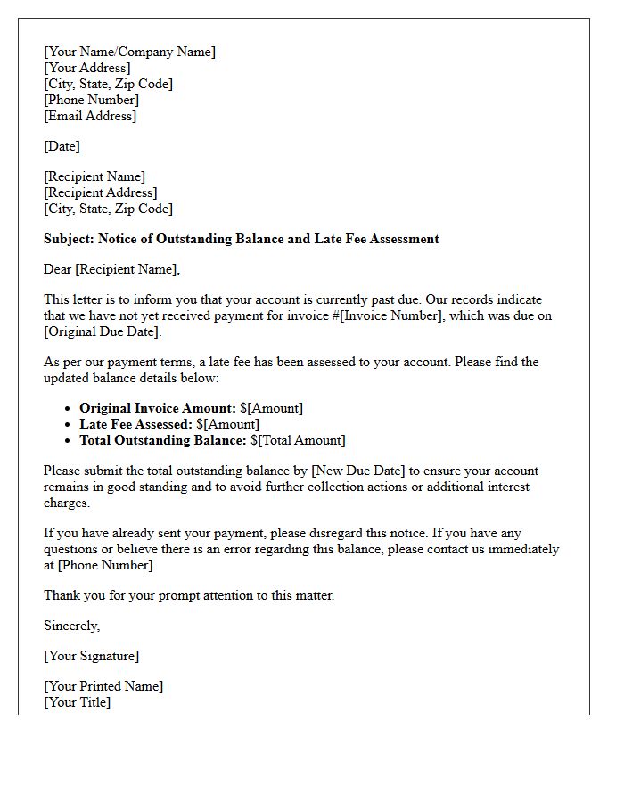 Notice of Outstanding Balance and Late Fee Assessment Letter