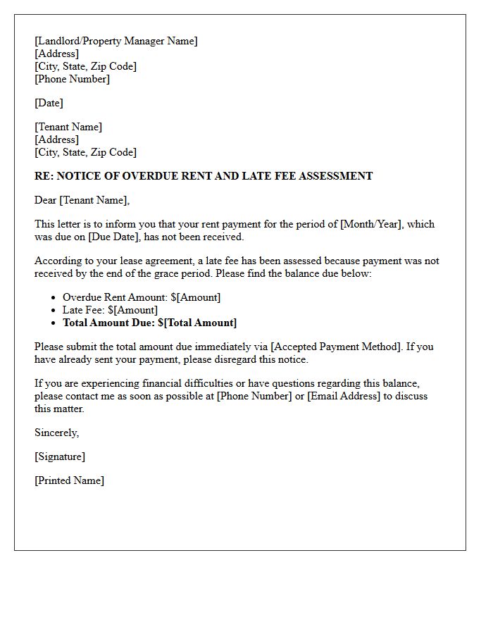 Overdue Rent and Late Fee Assessment Letter