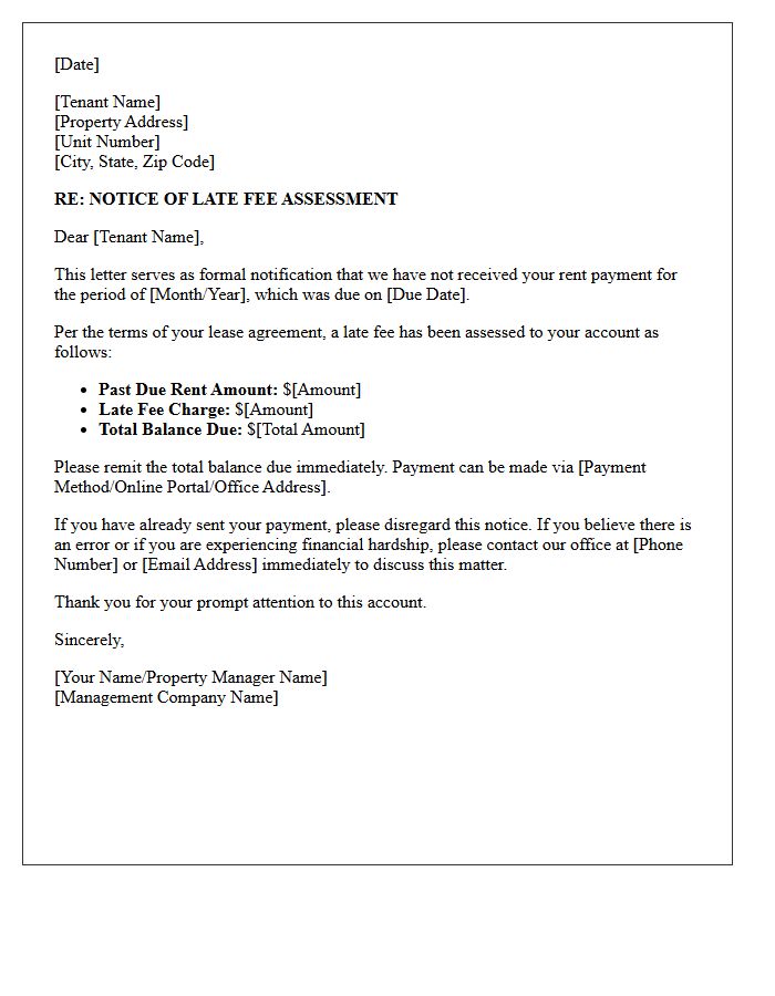 Standard Property Management Late Fee Assessment Letter