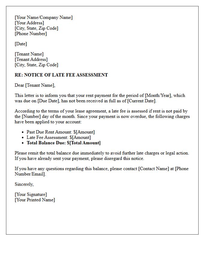 Tenant Notice of Late Fee Assessment Letter