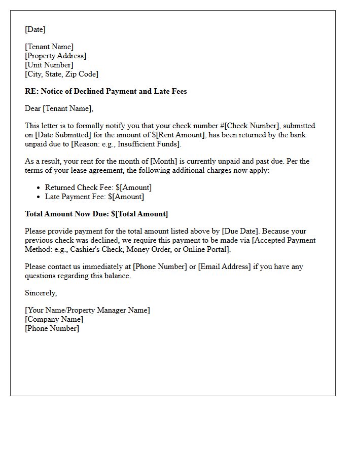 Declined Rent Check and Associated Late Fees Letter