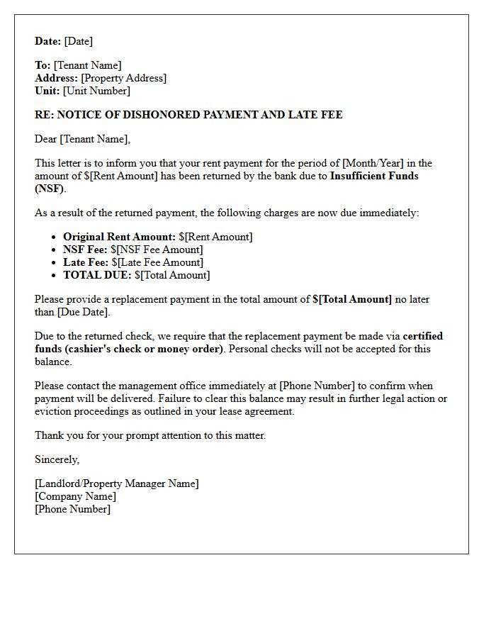 Insufficient Funds Rent Payment and Late Charge Letter