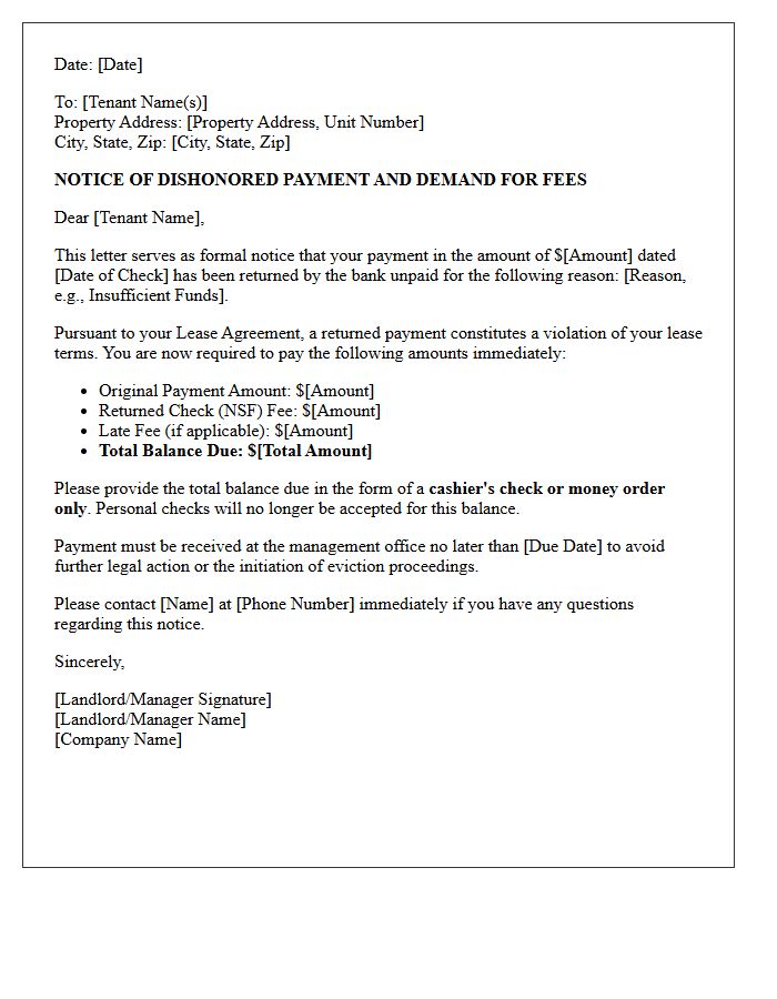 Lease Violation Returned Check and Fee Demand Letter