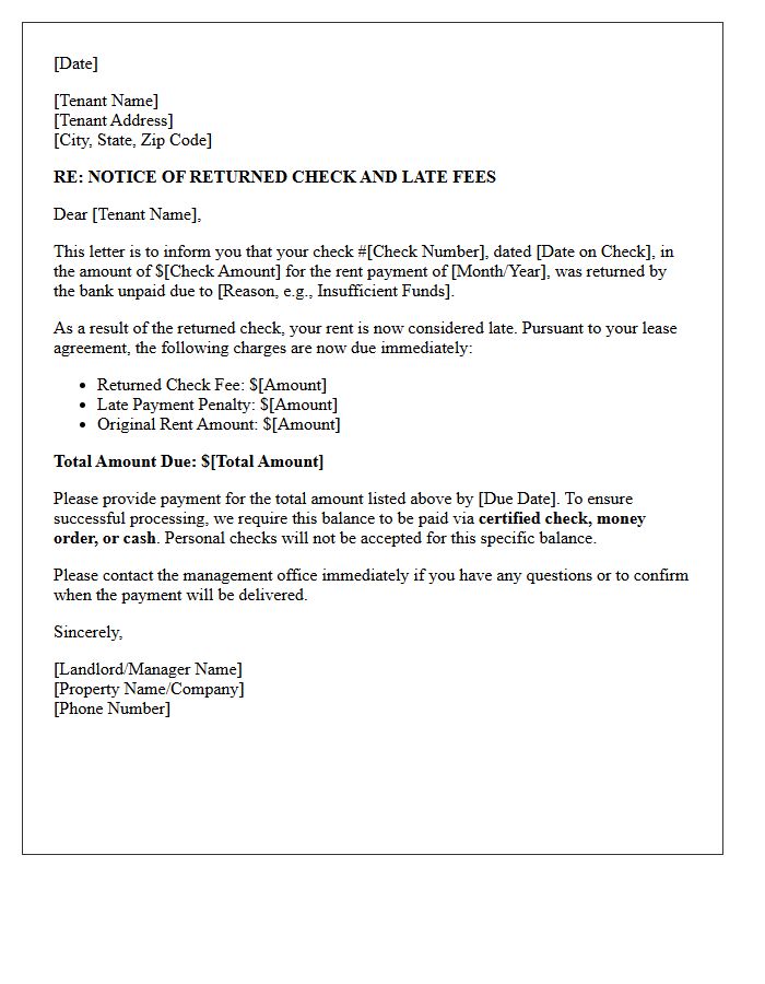 Notice of Bank Returned Check and Rent Penalty Letter