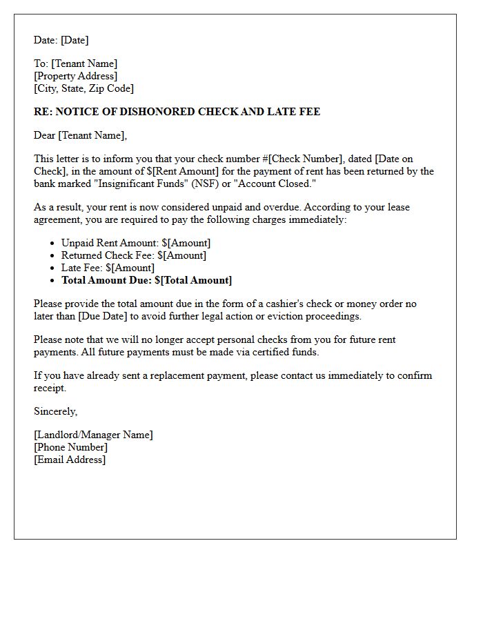 Notice of Dishonored Rent Check and Late Fee Letter