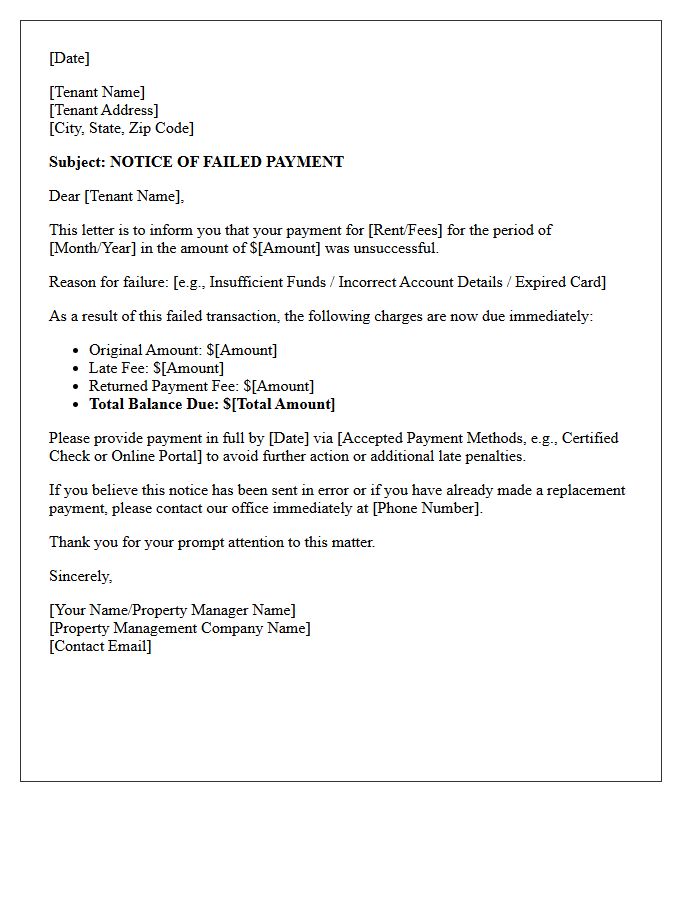 Property Management Notice of Failed Payment Letter