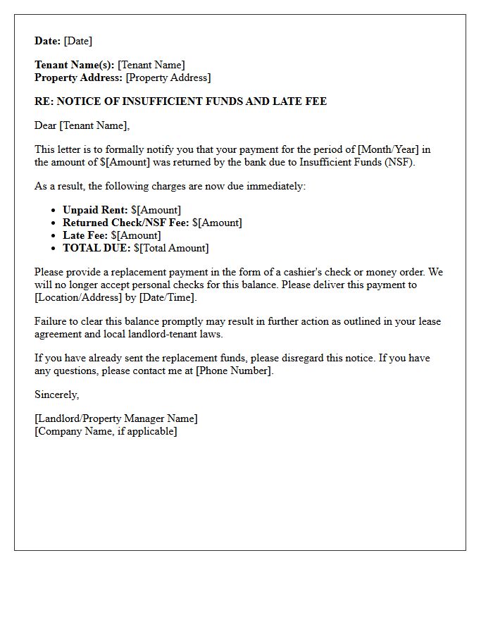 Tenant Insufficient Funds and Late Fee Notice Letter
