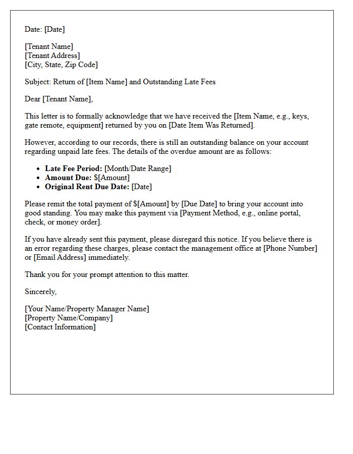 Tenant Returned Item and Outstanding Late Fees Letter