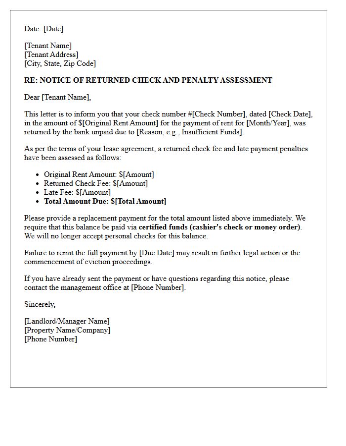 Unpaid Rent Returned Check and Penalty Assessment Letter
