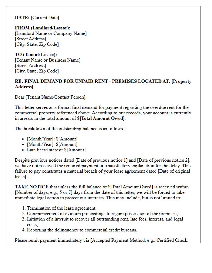 Final Demand Letter for Unpaid Commercial Rent Payment