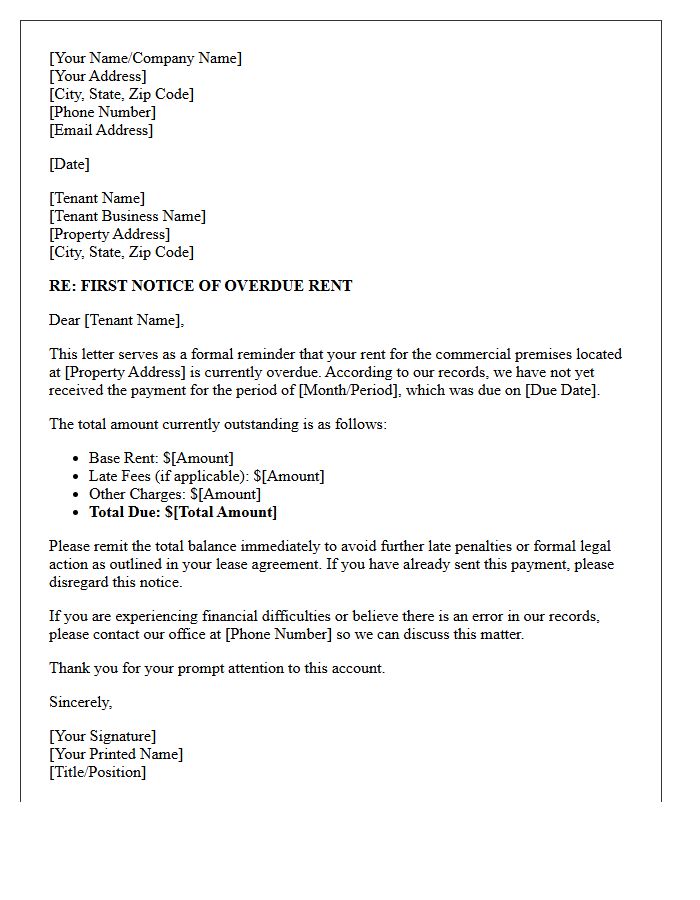 First Notice Letter of Overdue Commercial Rent