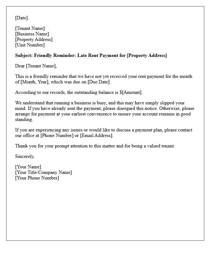 Friendly Reminder Letter for Late Commercial Rent