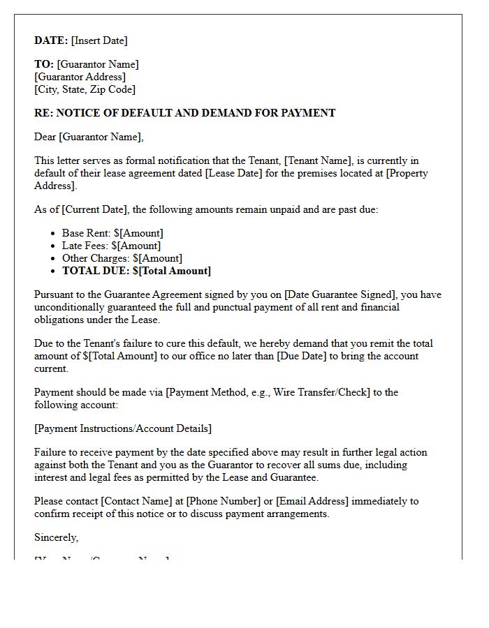 Guarantor Notification Letter for Late Commercial Rent
