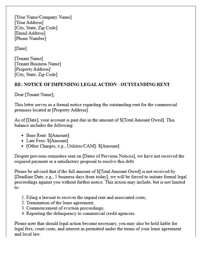 Impending Legal Action Letter for Outstanding Commercial Rent