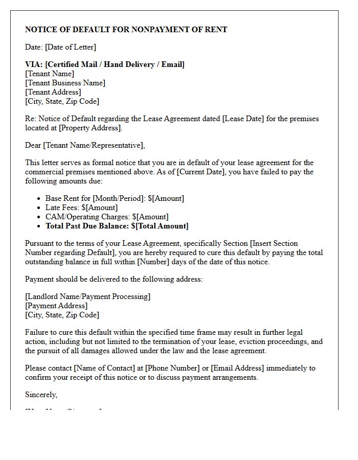 Notice of Default Letter for Commercial Lease Nonpayment