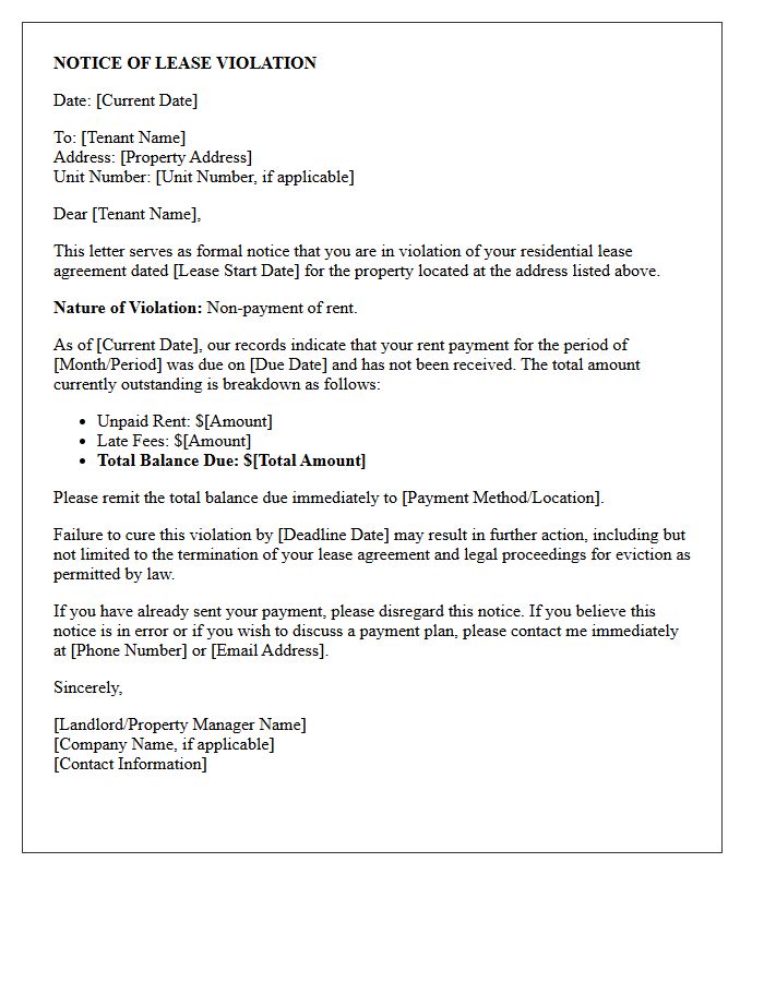 Notice of Lease Violation Letter for Missed Rent