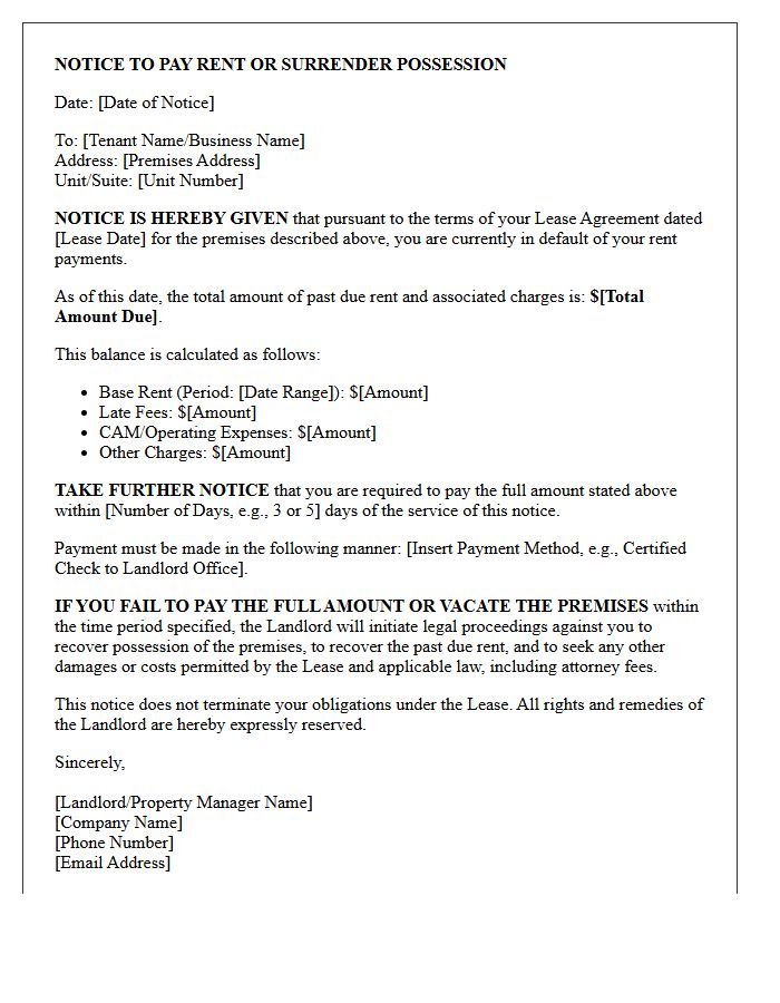 Notice to Pay or Quit Letter for Commercial Tenants