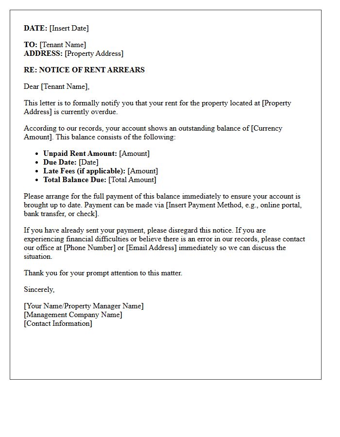 Property Management Notification Letter of Rent Arrears