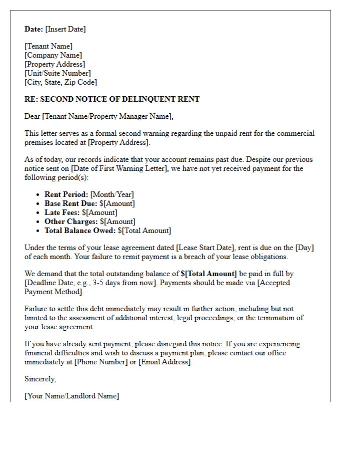 Second Warning Letter for Delinquent Commercial Rent