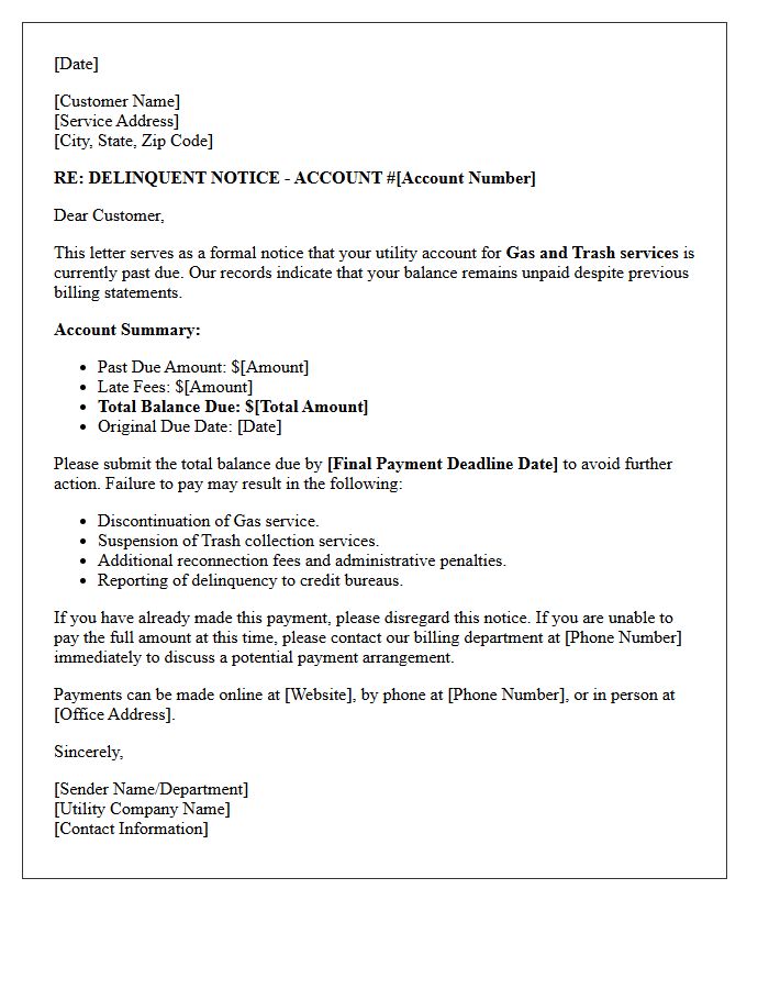 Delinquent Trash and Gas Utility Notice Letter