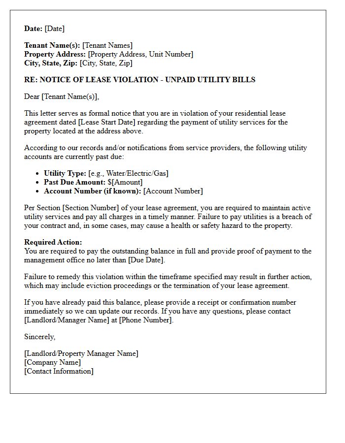 Lease Violation Letter for Unpaid Utility Bills