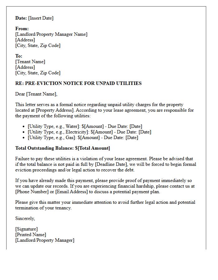 Pre-Eviction Notice Letter for Unpaid Utilities