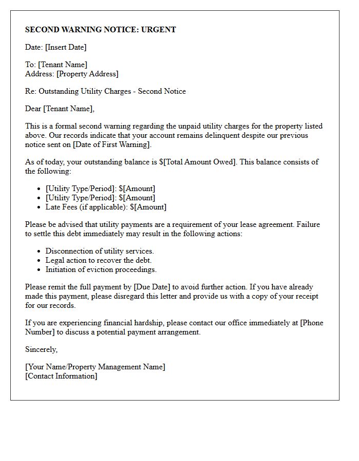 Second Warning Letter for Delinquent Utility Charges