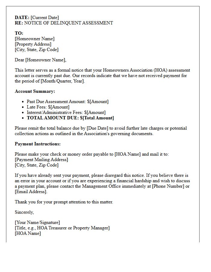 Delinquent Assessment Notice of Late Homeowners Association Dues Letter