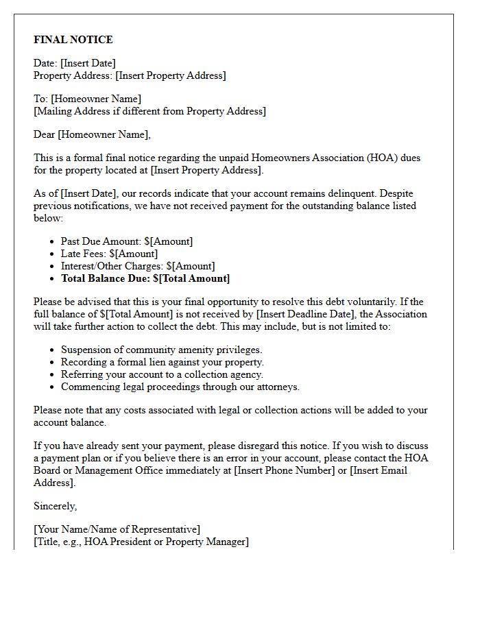 Final Notice of Late Homeowners Association Dues Letter