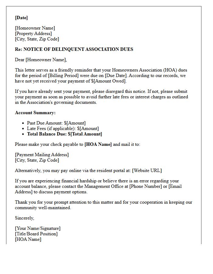 First Notice of Late Homeowners Association Dues Letter