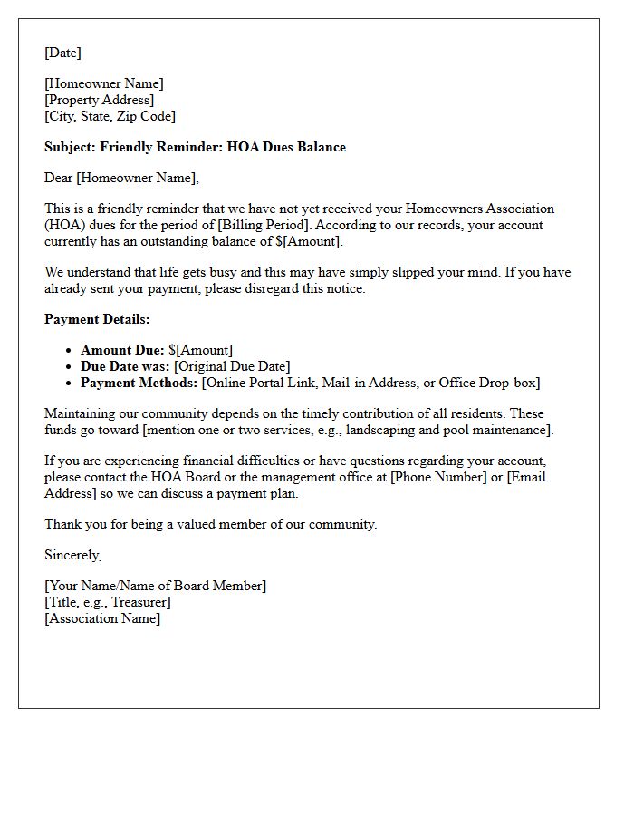Friendly Reminder Notice of Late Homeowners Association Dues Letter