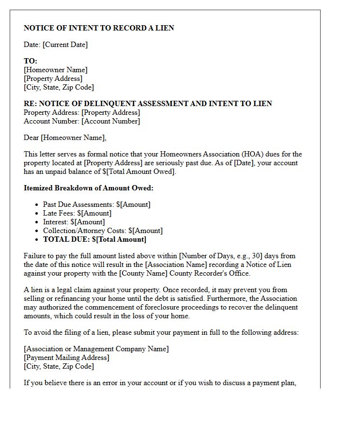 Intent to Lien Notice of Late Homeowners Association Dues Letter