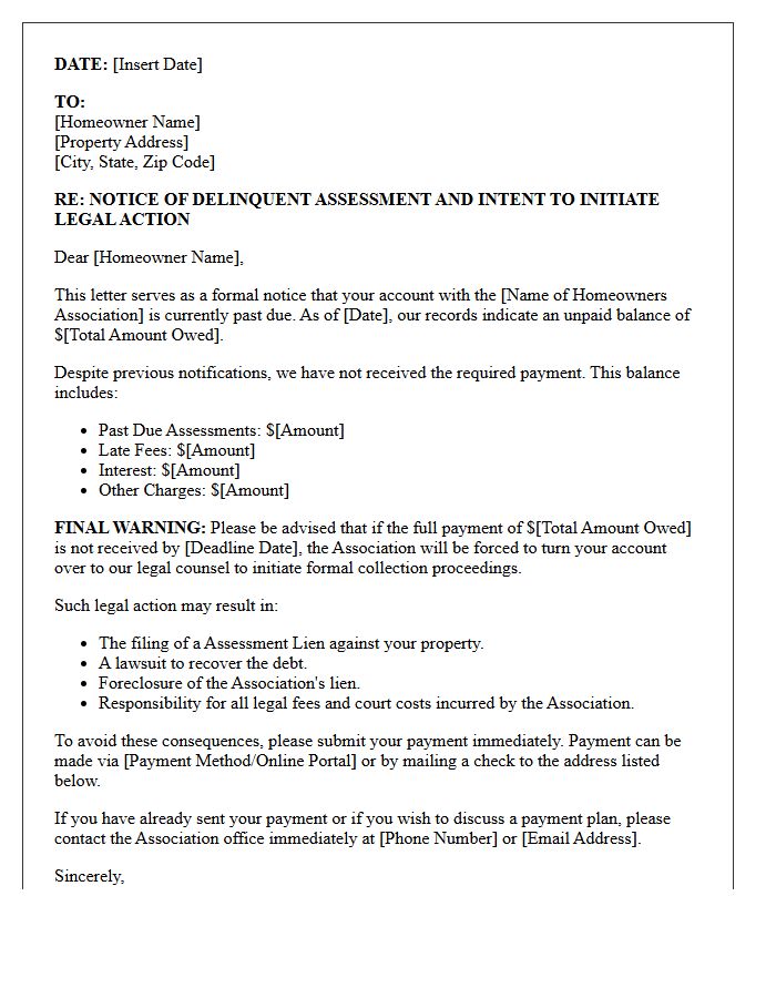 Legal Action Warning Notice of Late Homeowners Association Dues Letter