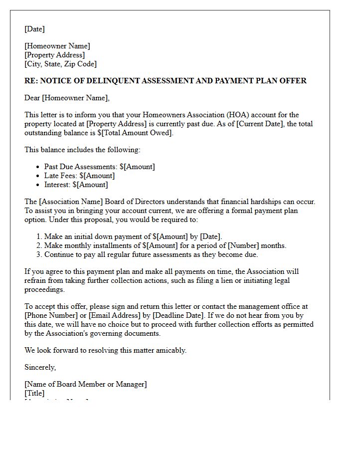 Payment Plan Offer Notice of Late Homeowners Association Dues Letter