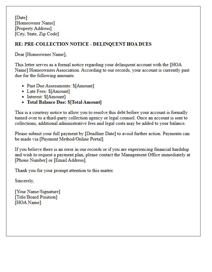 Pre-Collection Notice of Late Homeowners Association Dues Letter