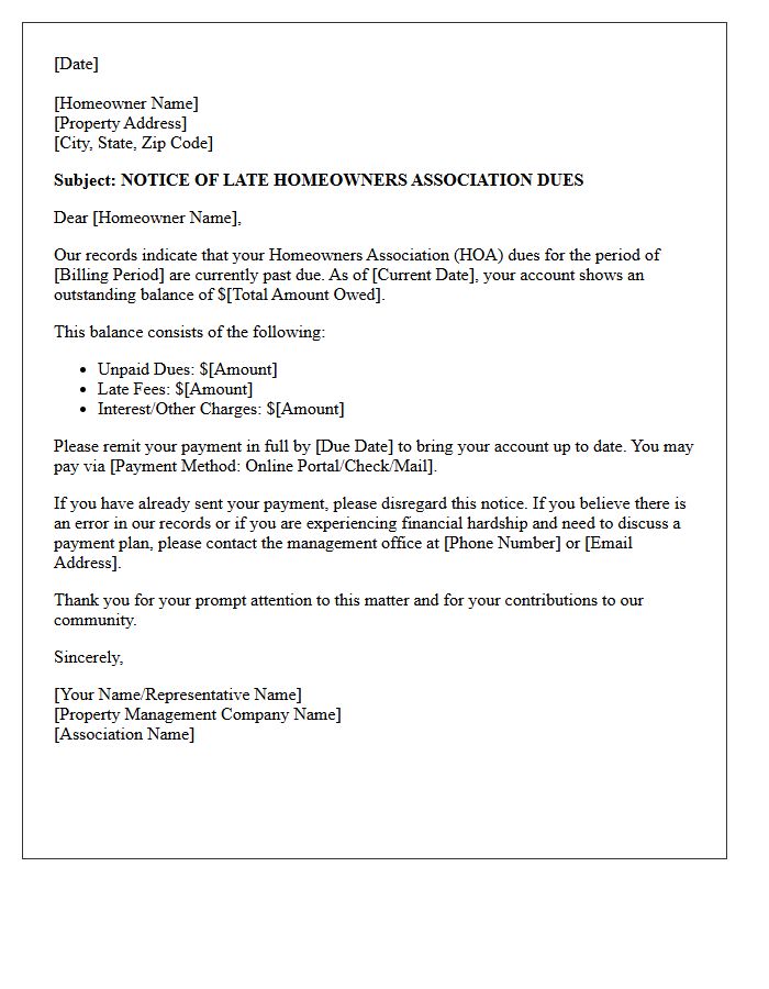 Property Management Notice of Late Homeowners Association Dues Letter