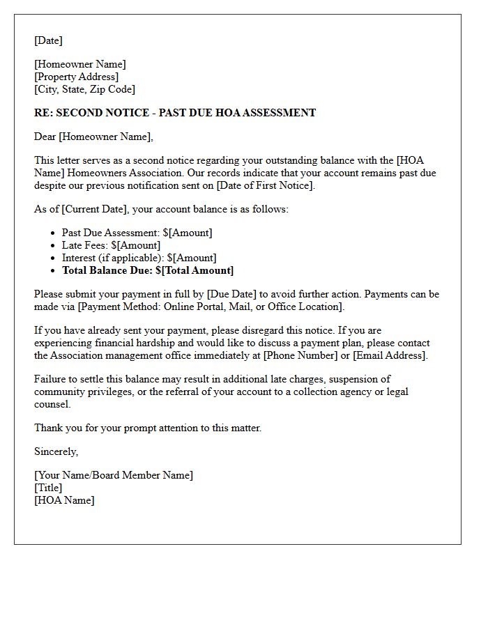 Second Notice of Late Homeowners Association Dues Letter