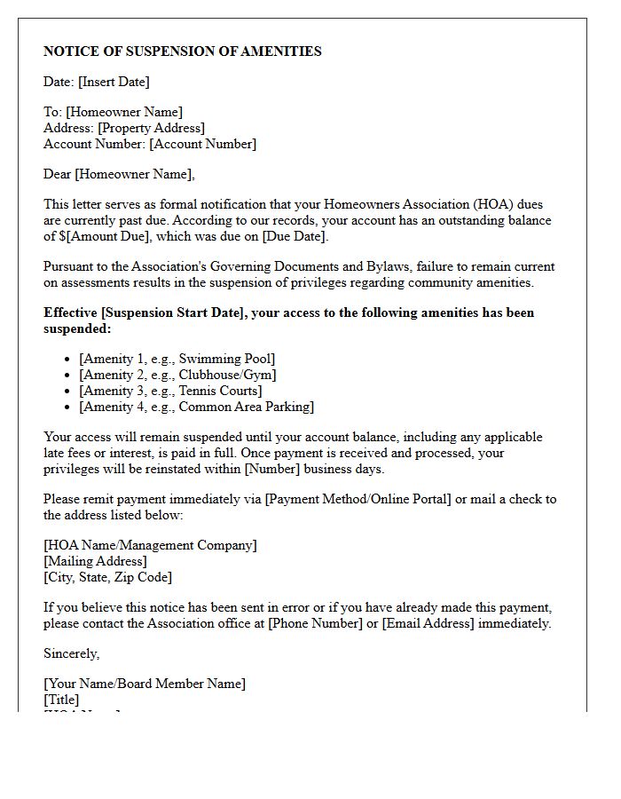 Suspension of Amenities Notice of Late Homeowners Association Dues Letter
