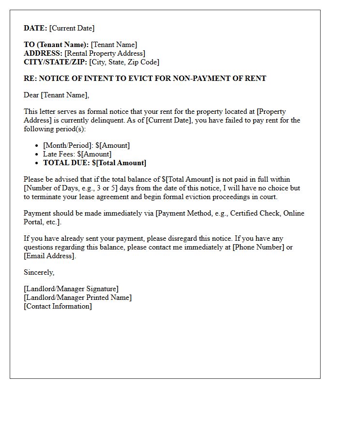 Delinquent Rent Notice of Intent to Evict Letter
