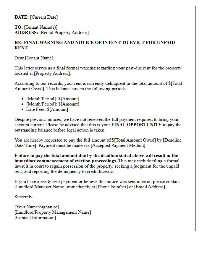 Final Warning and Intent to Evict for Unpaid Rent Letter